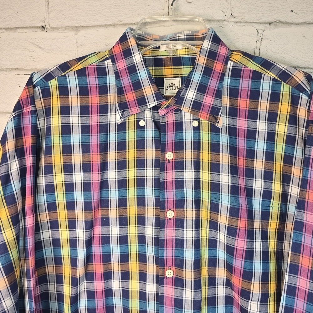 PETER MILLAR PLAID LONG SLEEVE MULTI COLORED SPRING SUMMER COTTON MENS XL EUC - Picture 3 of 5